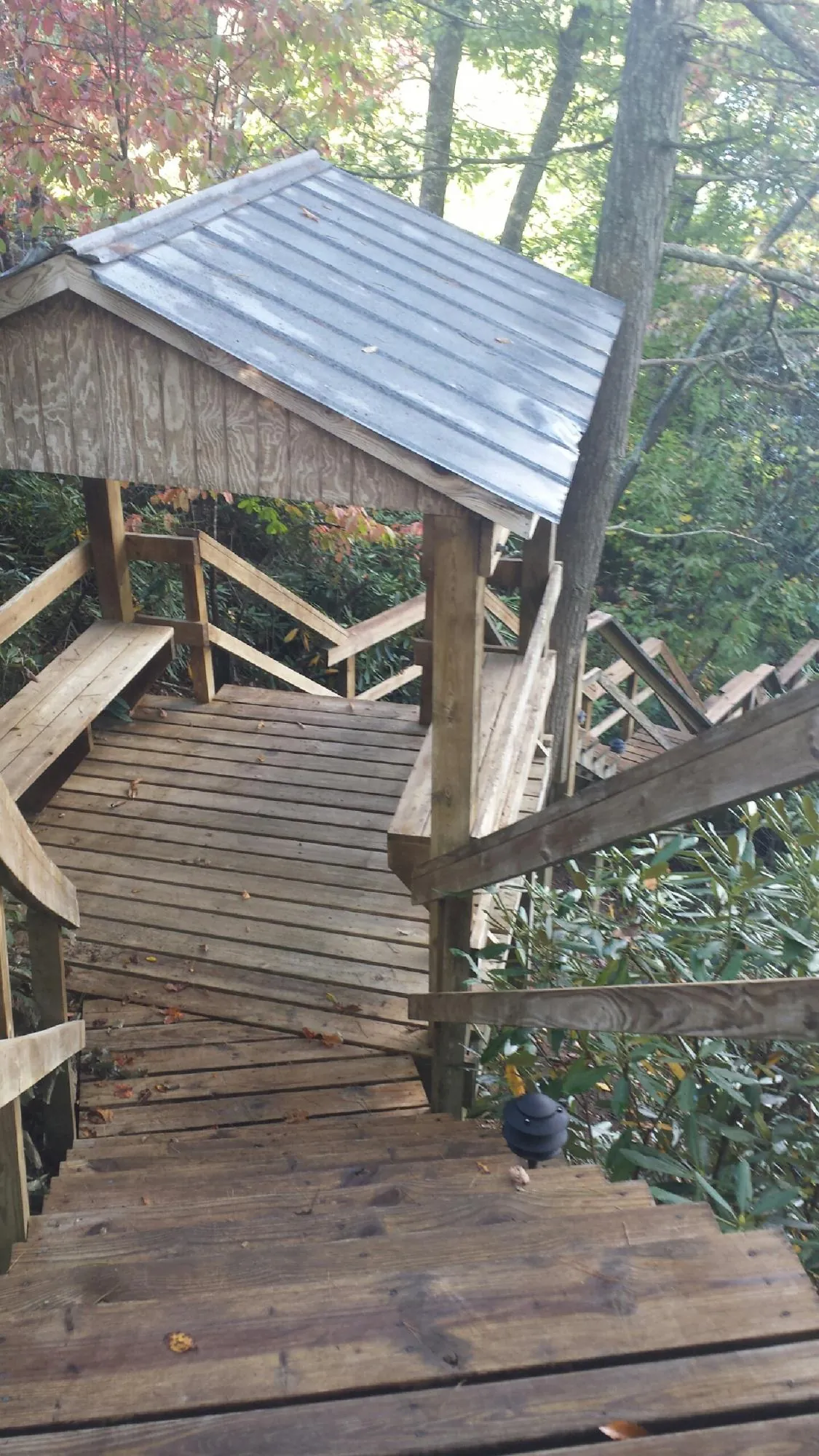 Metal roofed shelter over wooden steps on a wooded walkway — Skylight Repair & Installation work by our crew in Iron Gate